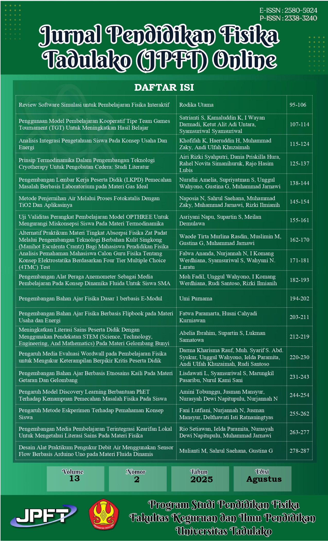 					View Vol. 13 No. 2 (2025): JPFT (Jurnal Pendidikan Fisika Tadulako Online)
				